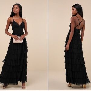 LULU's Prom Wedding Flowy Romantic Tiered Ruffle Open Back Maxi Dress NWOT